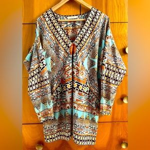 Johnny Was XL Silk Tunic in fall oranges, browns and turquoise